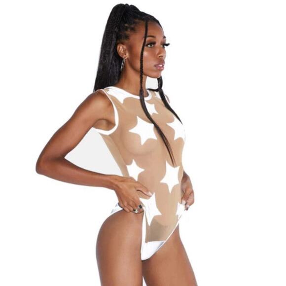 🦋B2G1🦋NEVANUDE Reflective Star Struck Stars Nude Mesh One Piece Bodysuit - Picture 5 of 7